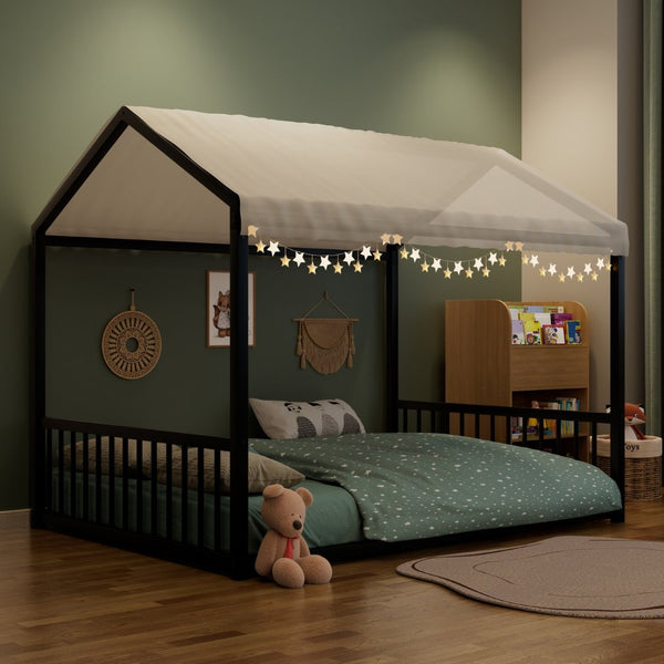 English Elm Full Size Montessori House Bed Low Profile Steel Frame with Vertical Safety Guardrails Black N701P265959B