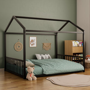 English Elm Full Size Montessori House Bed Low Profile Steel Frame with Vertical Safety Guardrails Black N701P265959B