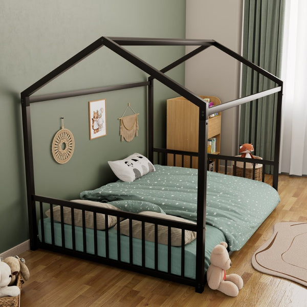 English Elm Full Size Montessori House Bed Low Profile Steel Frame with Vertical Safety Guardrails Black N701P265959B