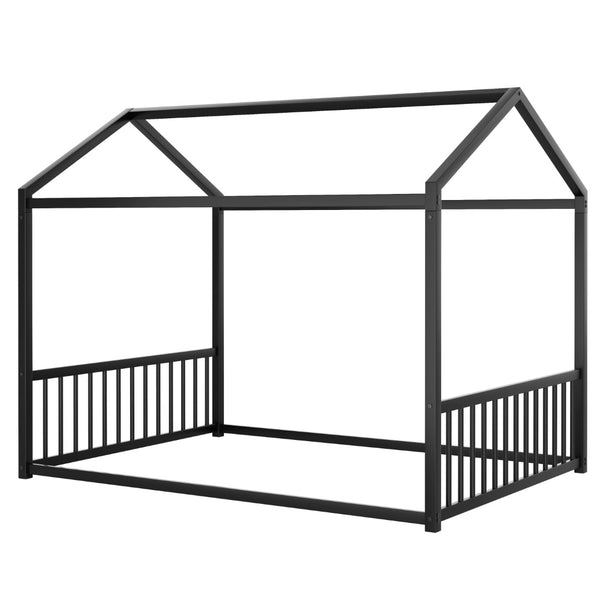 English Elm Full Size Montessori House Bed Low Profile Steel Frame with Vertical Safety Guardrails Black N701P265959B