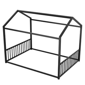 English Elm Full Size Montessori House Bed Low Profile Steel Frame with Vertical Safety Guardrails Black N701P265959B