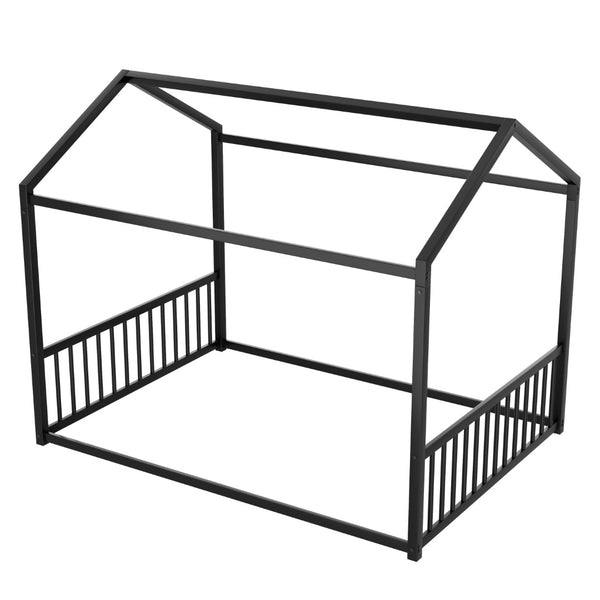English Elm Full Size Montessori House Bed Low Profile Steel Frame with Vertical Safety Guardrails Black N701P265959B