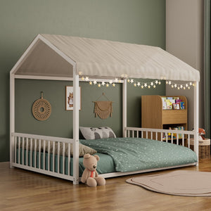 English Elm Full Size Montessori House Bed Low Profile Steel Frame with Vertical Safety Guardrails White N701P265959K
