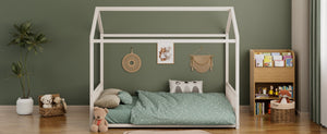 English Elm Full Size Montessori House Bed Low Profile Steel Frame with Vertical Safety Guardrails White N701P265959K