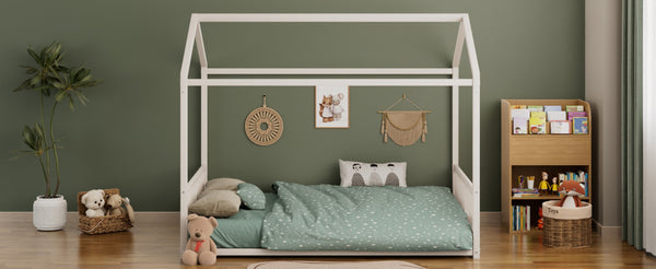 English Elm Full Size Montessori House Bed Low Profile Steel Frame with Vertical Safety Guardrails White N701P265959K
