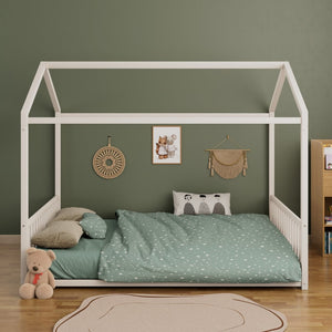 English Elm Full Size Montessori House Bed Low Profile Steel Frame with Vertical Safety Guardrails White N701P265959K
