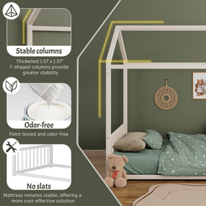 English Elm Full Size Montessori House Bed Low Profile Steel Frame with Vertical Safety Guardrails White N701P265959K