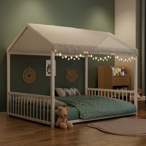 English Elm Full Size Montessori House Bed Low Profile Steel Frame with Vertical Safety Guardrails White N701P265959K