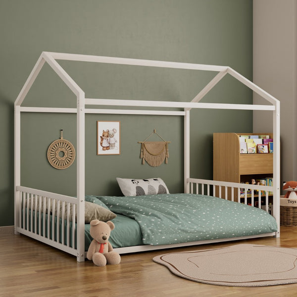 English Elm Full Size Montessori House Bed Low Profile Steel Frame with Vertical Safety Guardrails White N701P265959K