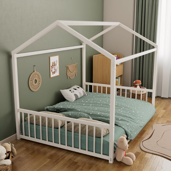 English Elm Full Size Montessori House Bed Low Profile Steel Frame with Vertical Safety Guardrails White N701P265959K