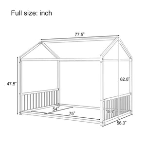 English Elm Full Size Montessori House Bed Low Profile Steel Frame with Vertical Safety Guardrails White N701P265959K