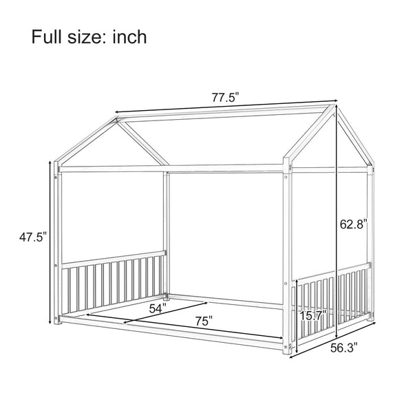 English Elm Full Size Montessori House Bed Low Profile Steel Frame with Vertical Safety Guardrails White N701P265959K