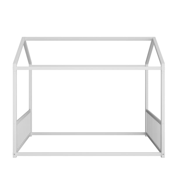 English Elm Full Size Montessori House Bed Low Profile Steel Frame with Vertical Safety Guardrails White N701P265959K