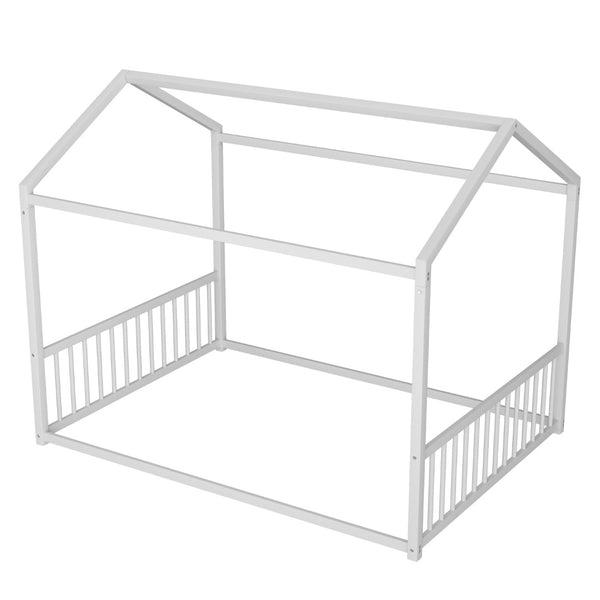 English Elm Full Size Montessori House Bed Low Profile Steel Frame with Vertical Safety Guardrails White N701P265959K