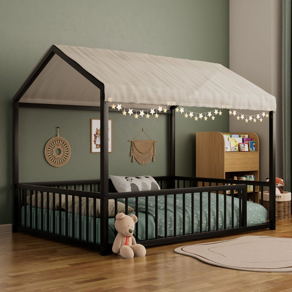 English Elm Full Size Montessori House Shaped Metal Floor Bed with Fence Rail for Kids Room Black N701P265988B