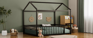 English Elm Full Size Montessori House Shaped Metal Floor Bed with Fence Rail for Kids Room Black N701P265988B