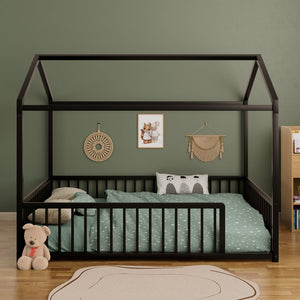 English Elm Full Size Montessori House Shaped Metal Floor Bed with Fence Rail for Kids Room Black N701P265988B