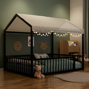 English Elm Full Size Montessori House Shaped Metal Floor Bed with Fence Rail for Kids Room Black N701P265988B