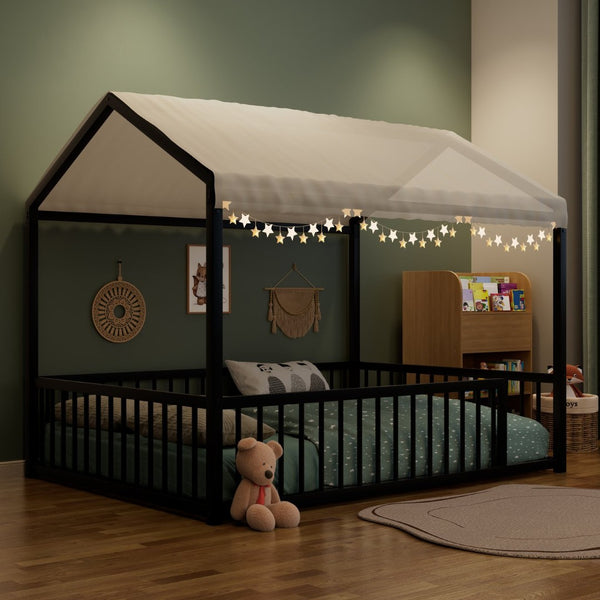 English Elm Full Size Montessori House Shaped Metal Floor Bed with Fence Rail for Kids Room Black N701P265988B