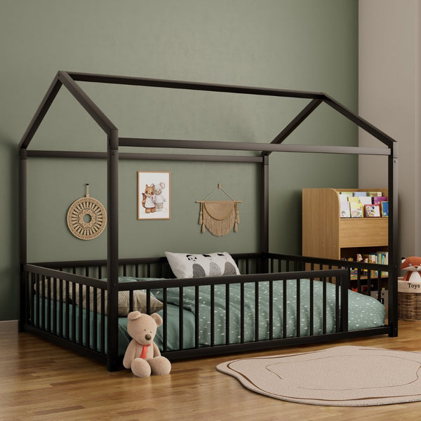 English Elm Full Size Montessori House Shaped Metal Floor Bed with Fence Rail for Kids Room Black N701P265988B