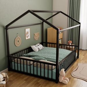 English Elm Full Size Montessori House Shaped Metal Floor Bed with Fence Rail for Kids Room Black N701P265988B