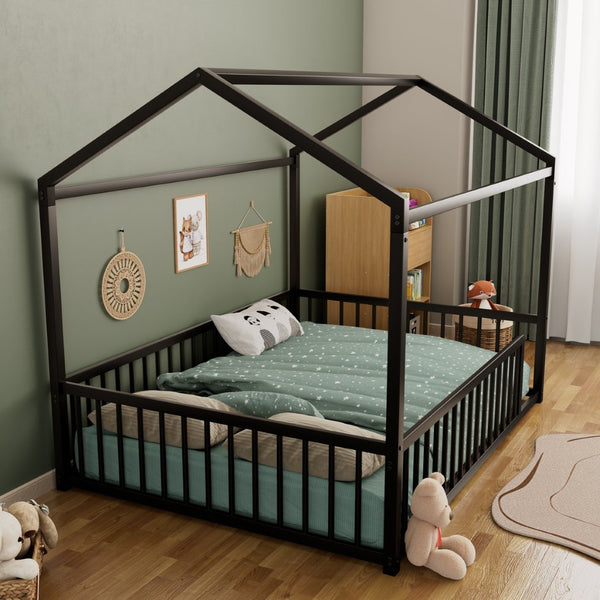 English Elm Full Size Montessori House Shaped Metal Floor Bed with Fence Rail for Kids Room Black N701P265988B