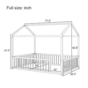 English Elm Full Size Montessori House Shaped Metal Floor Bed with Fence Rail for Kids Room Black N701P265988B