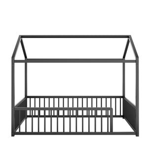 English Elm Full Size Montessori House Shaped Metal Floor Bed with Fence Rail for Kids Room Black N701P265988B