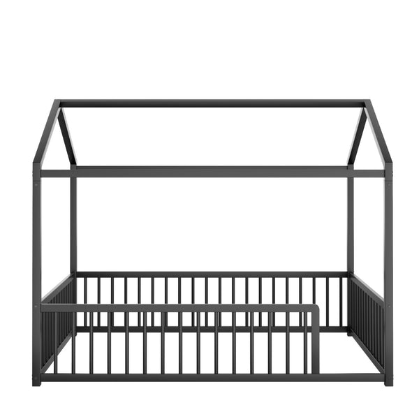 English Elm Full Size Montessori House Shaped Metal Floor Bed with Fence Rail for Kids Room Black N701P265988B