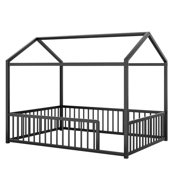 English Elm Full Size Montessori House Shaped Metal Floor Bed with Fence Rail for Kids Room Black N701P265988B