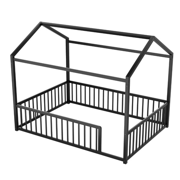 English Elm Full Size Montessori House Shaped Metal Floor Bed with Fence Rail for Kids Room Black N701P265988B