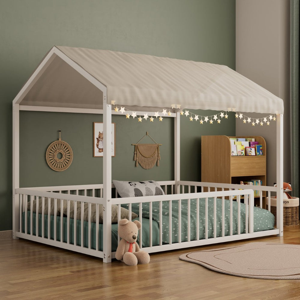 English Elm Full Size Montessori House Shaped Metal Floor Bed with Fence Rail for Kids Room White N701P265988K