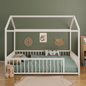 English Elm Full Size Montessori House Shaped Metal Floor Bed with Fence Rail for Kids Room White N701P265988K