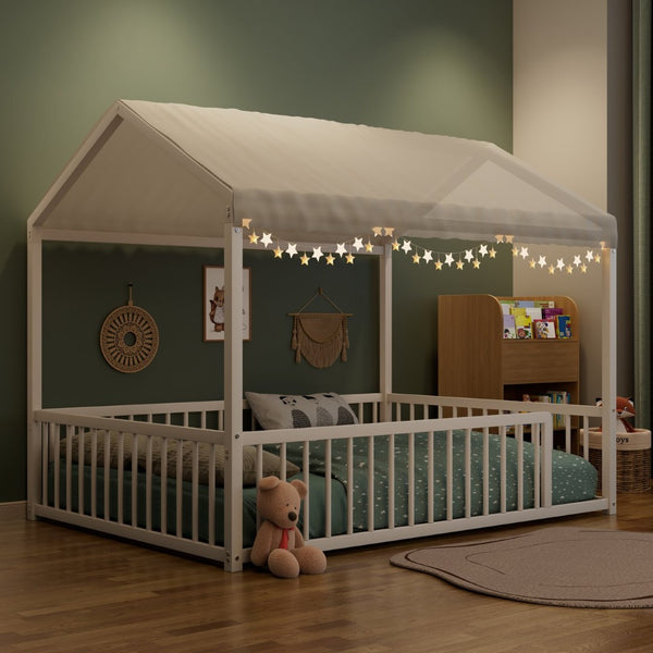 English Elm Full Size Montessori House Shaped Metal Floor Bed with Fence Rail for Kids Room White N701P265988K