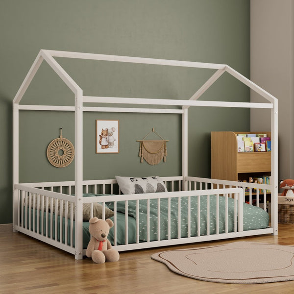 English Elm Full Size Montessori House Shaped Metal Floor Bed with Fence Rail for Kids Room White N701P265988K