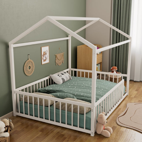 English Elm Full Size Montessori House Shaped Metal Floor Bed with Fence Rail for Kids Room White N701P265988K