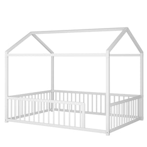 English Elm Full Size Montessori House Shaped Metal Floor Bed with Fence Rail for Kids Room White N701P265988K
