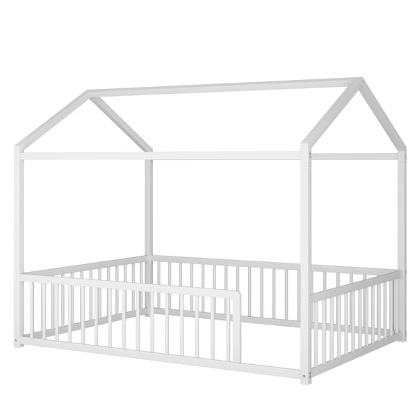 English Elm Full Size Montessori House Shaped Metal Floor Bed with Fence Rail for Kids Room White N701P265988K
