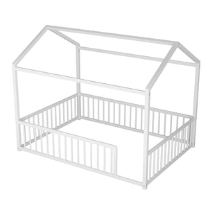 English Elm Full Size Montessori House Shaped Metal Floor Bed with Fence Rail for Kids Room White N701P265988K