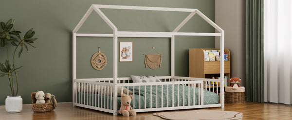 English Elm Full Size Montessori House Shaped Metal Floor Bed with Fence Rail for Kids Room White N701P265988K