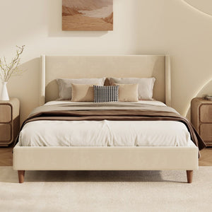 English Elm Modern Velvet Wingback King Bed with Walnut Legs Upholstered Sculptural Frame N701P277305C