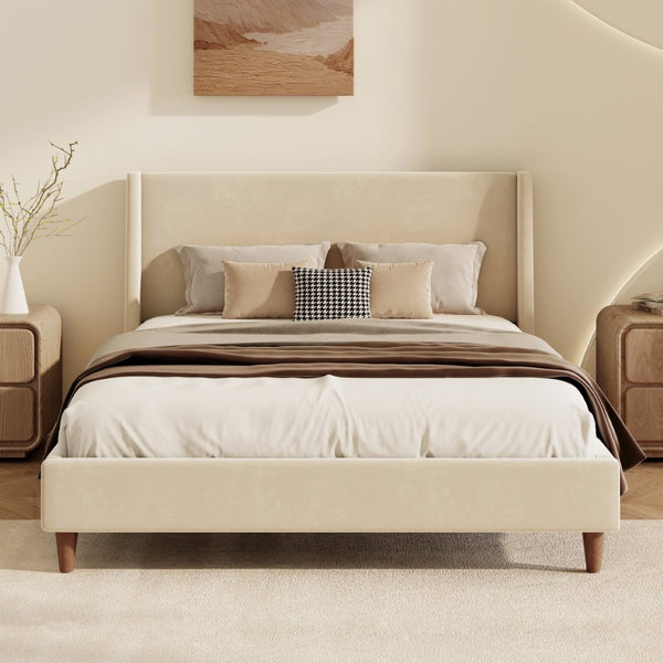 English Elm Modern Velvet Wingback King Bed with Walnut Legs Upholstered Sculptural Frame N701P277305C