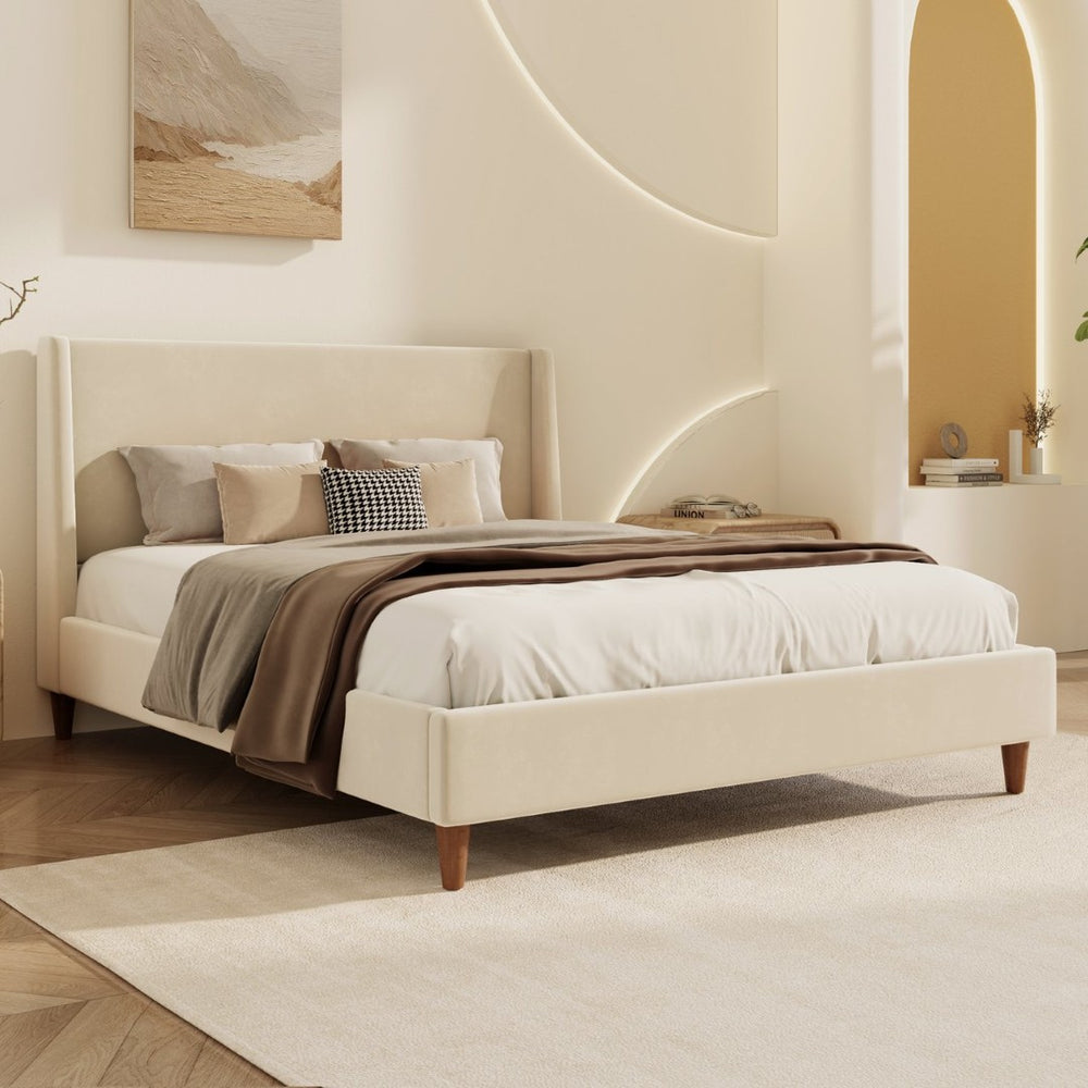 English Elm Modern Velvet Wingback King Bed with Walnut Legs Upholstered Sculptural Frame N701P277305C