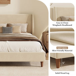 English Elm Modern Velvet Wingback King Bed with Walnut Legs Upholstered Sculptural Frame N701P277305C