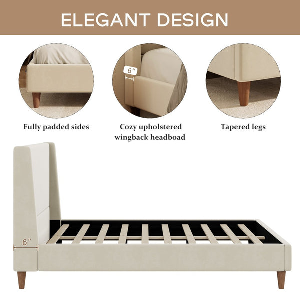 English Elm Modern Velvet Wingback King Bed with Walnut Legs Upholstered Sculptural Frame N701P277305C