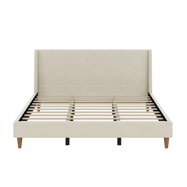 English Elm Modern Velvet Wingback King Bed with Walnut Legs Upholstered Sculptural Frame N701P277305C