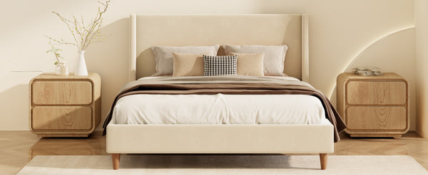 English Elm Modern Velvet Wingback King Bed with Walnut Legs Upholstered Sculptural Frame N701P277305C