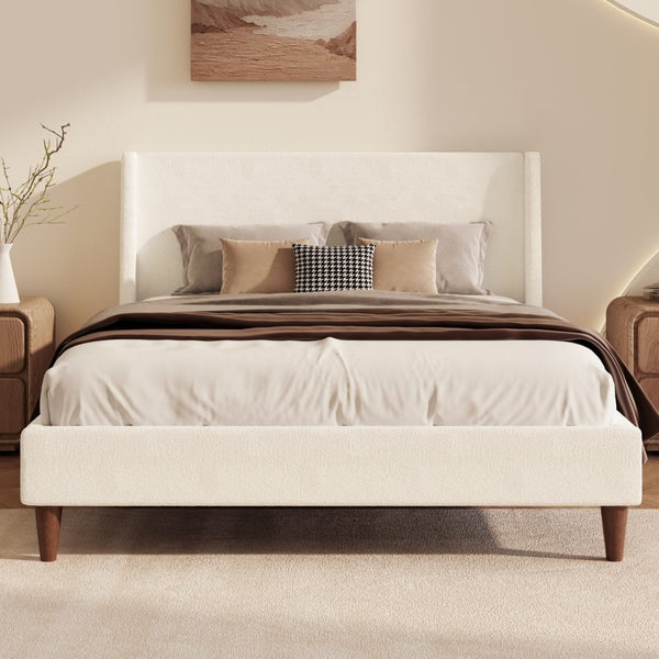 English Elm Modern Boucle King Bed Wingback Headboard Walnut Legs Platform Frame Bedroom N701P277305K