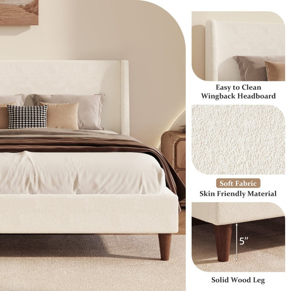 English Elm Modern Boucle King Bed Wingback Headboard Walnut Legs Platform Frame Bedroom N701P277305K