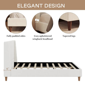 English Elm Modern Boucle King Bed Wingback Headboard Walnut Legs Platform Frame Bedroom N701P277305K